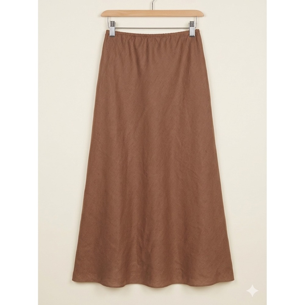 Adolfo Studio Womens Skirt Size 10P Brown 100% Linen Maxi Elastic Waist A-Line